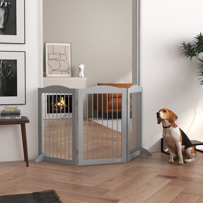 PawHut Foldable Dog Gate, Freestanding Pet Gate, with Two Support Feet, for Staircases, Hallways, Doorways - Grey 