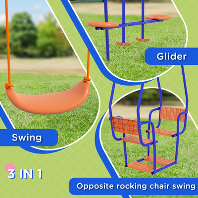 Outsunny Three-In-One Kids Metal Swing Set with Swing, Glider, Rocking Chair Swing, for Ages 3+ years - Orange and Blue 