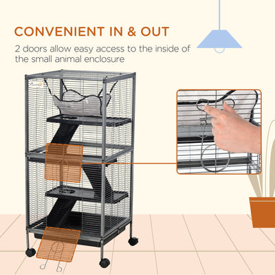 PawHut Small Animal Cage with Wheels Pet Home for Chinchillas Ferrets Kittens, with Hammock, 4 Platforms, Removable Tray, Silver 