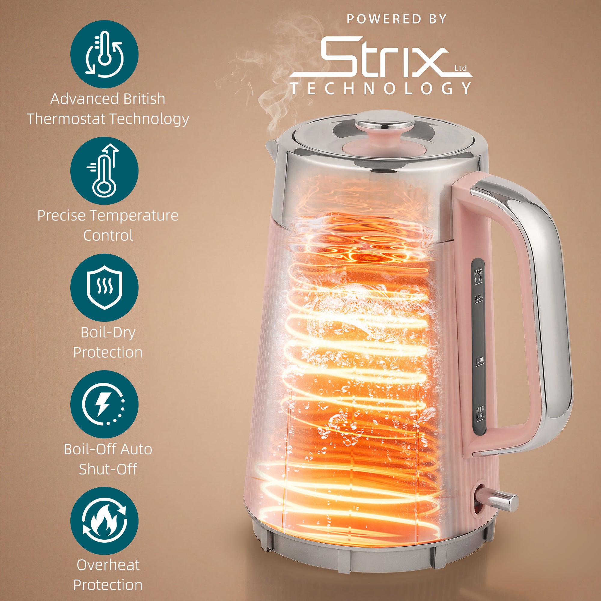 HOMCOM Electric Stainless Steel Kettle and Toaster Set, 3000W 1.7L UK Strix Thermostat Fast Boil Kettle Pink 