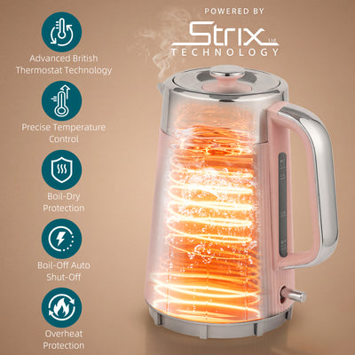 HOMCOM Electric Stainless Steel Kettle and Toaster Set, 3000W 1.7L UK Strix Thermostat Fast Boil Kettle Pink 