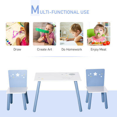 HOMCOM 3 Pcs Kids Table & Chairs Set w/ Wood Legs Safe Corners Cute Stars Seating Mini Furniture Home Playroom Bedroom Dining Room Blue 