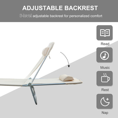 Outsunny Outdoor Foldable Sun Lounger, Adjustable Backrest Garden Recliner Sun Lounger Chair with Headrest Pillow, Beige 