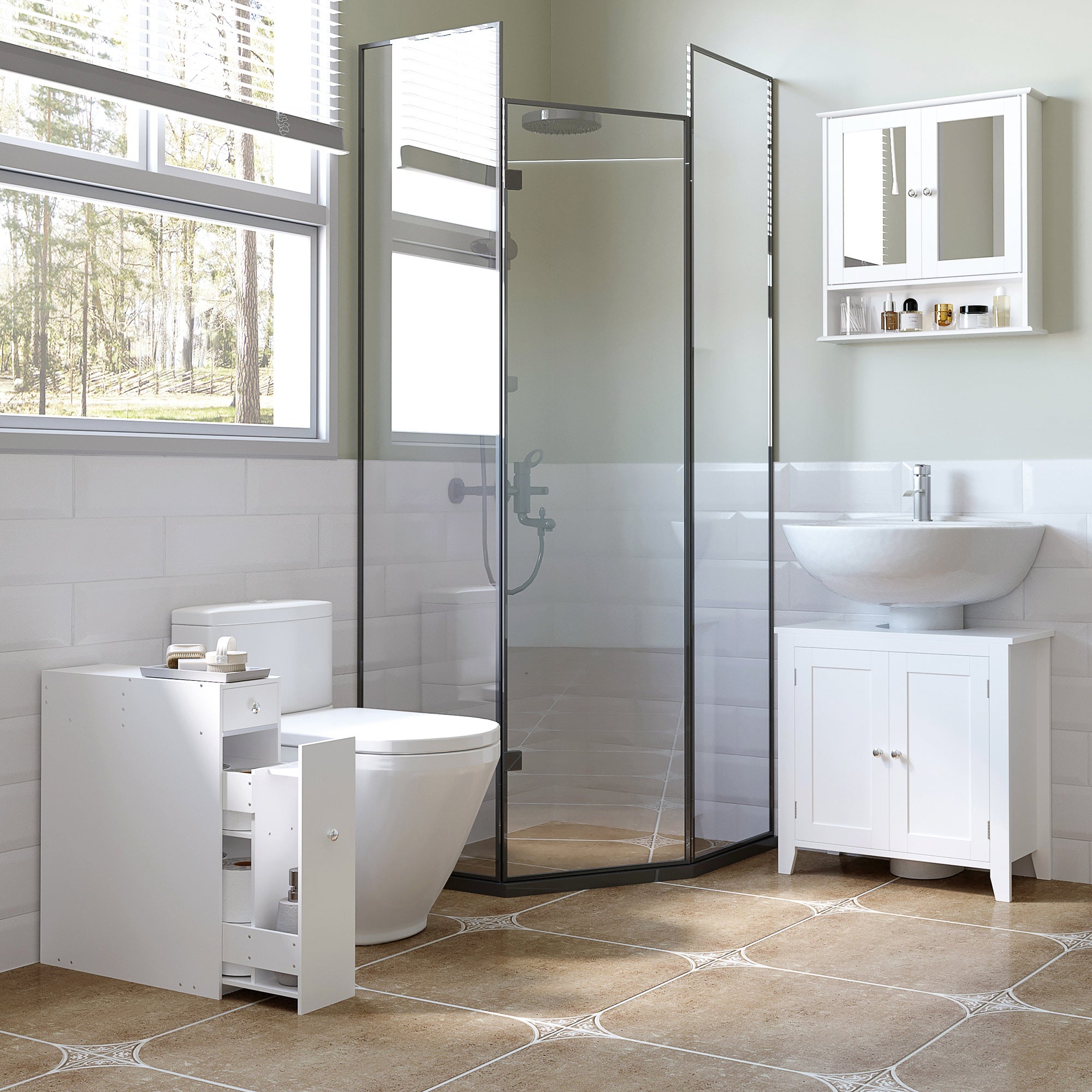 HOMCOM Bathroom Slim Floor Cabinet Narrow Wooden Storage Home Bath Toilet Cupboard Organiser Unit with Drawers White 