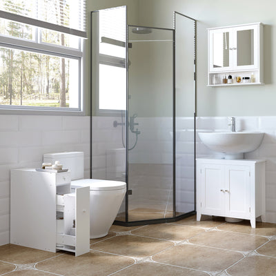 HOMCOM Bathroom Slim Floor Cabinet Narrow Wooden Storage Home Bath Toilet Cupboard Organiser Unit with Drawers White 