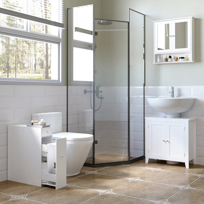 HOMCOM Bathroom Slim Floor Cabinet Narrow Wooden Storage Home Bath Toilet Cupboard Organiser Unit with Drawers White 