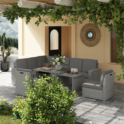 Outsunny Seven-Piece Rattan Garden Sofa Set, with Expanding Table - Light Grey 
