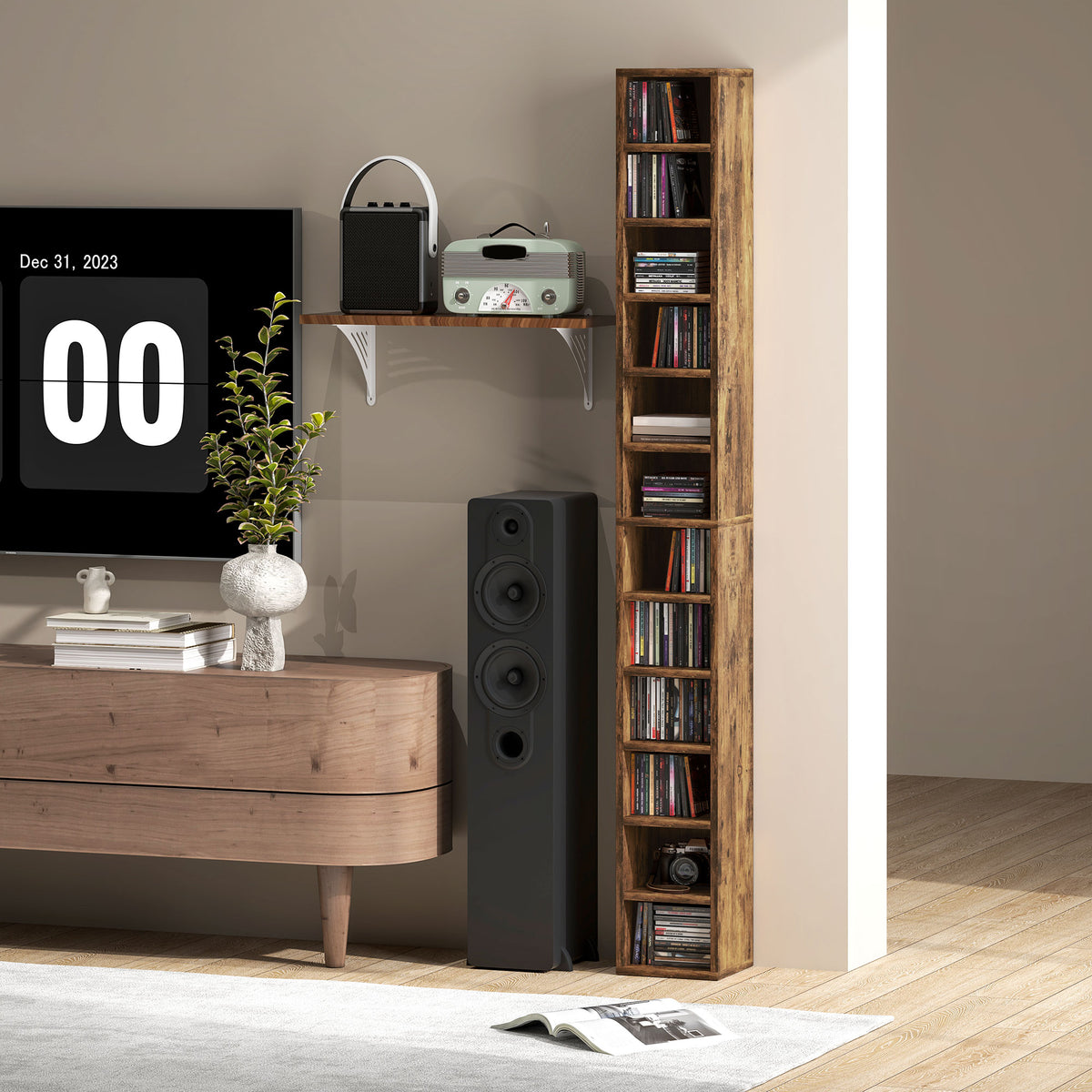 HOMCOM 204 CD Tall Narrow Media Storage Tower - Rustic Brown 