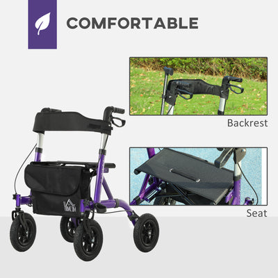 HOMCOM Folding Rollator Walker with Seat, Backrest, Lightweight Walking Frame with Storage Bag, Dual Brakes, All-terrain Wheels, Adjustable Handle Height, 4 Wheeled Walker for Seniors, Purple 