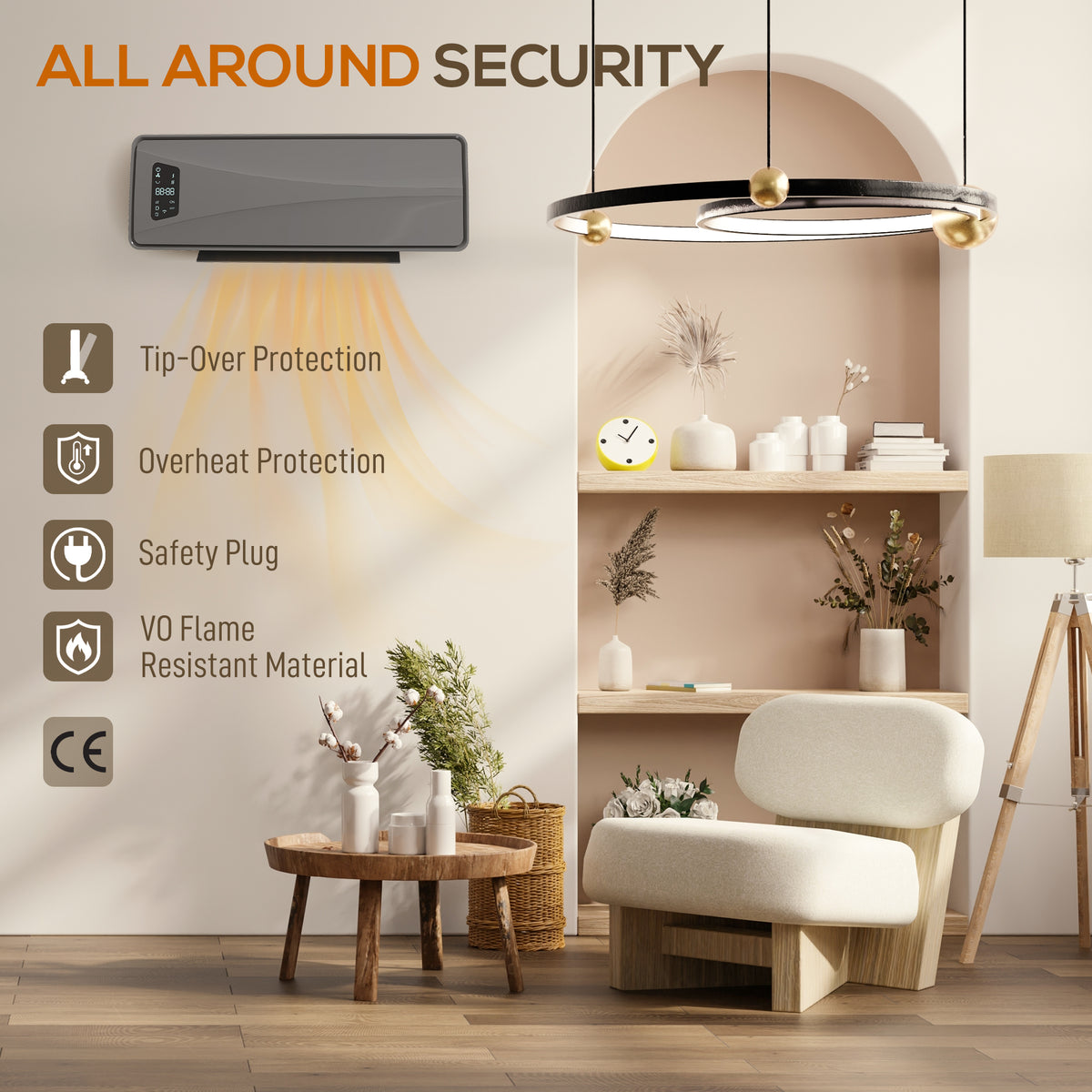 HOMCOM 2000W PTC Ceramic Fan Heater, Wall Mounted, 30° Oscillation, 54L x 18.7W x 14.5H cm - Grey