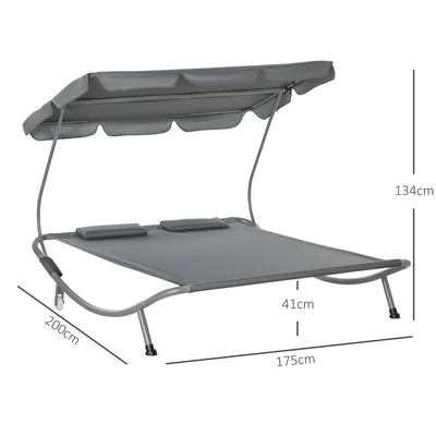 Outsunny Double Hammock Sun Lounger Bed with Canopy Shelter, Wheels & 2 Pillows, Grey 