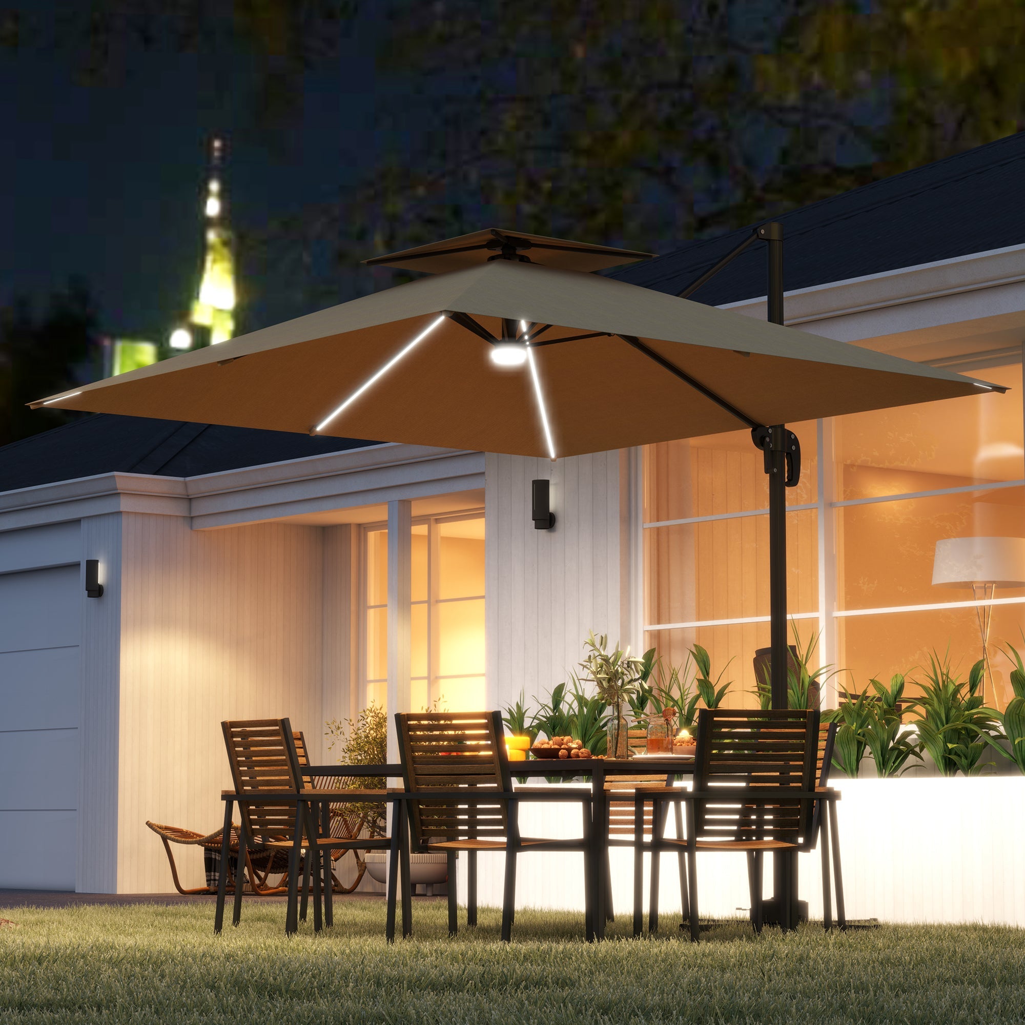 Outsunny 2.5m Cantilever Parasol with Solar Powered LED Lights, 360° Rotation, Tilt Adjustment, Crank Handle, Khaki 