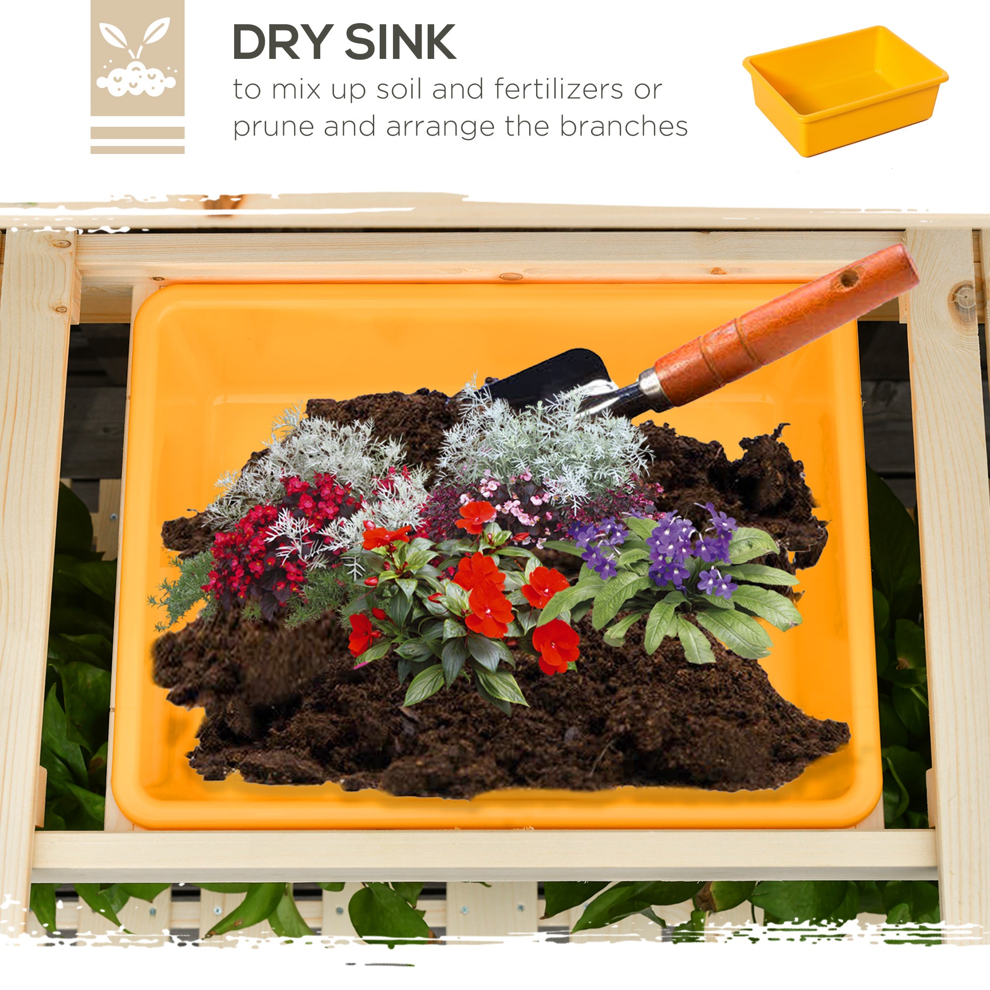 Outsunny Garden Potting Bench w/ Sliding Tabletop, Wooden Workstation w/ Dry Sink, Outdoor Workbench Potting Table w/ Storage Shelf & Hooks, Natural 