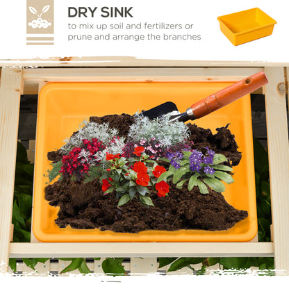 Outsunny Garden Potting Bench w/ Sliding Tabletop, Wooden Workstation w/ Dry Sink, Outdoor Workbench Potting Table w/ Storage Shelf & Hooks, Natural 