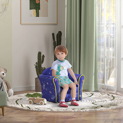 AIYAPLAY Kids Armchair with Planet Dinosaurs Design, Wooden Frame, for Bedroom, Playroom, Kids Room - Blue 