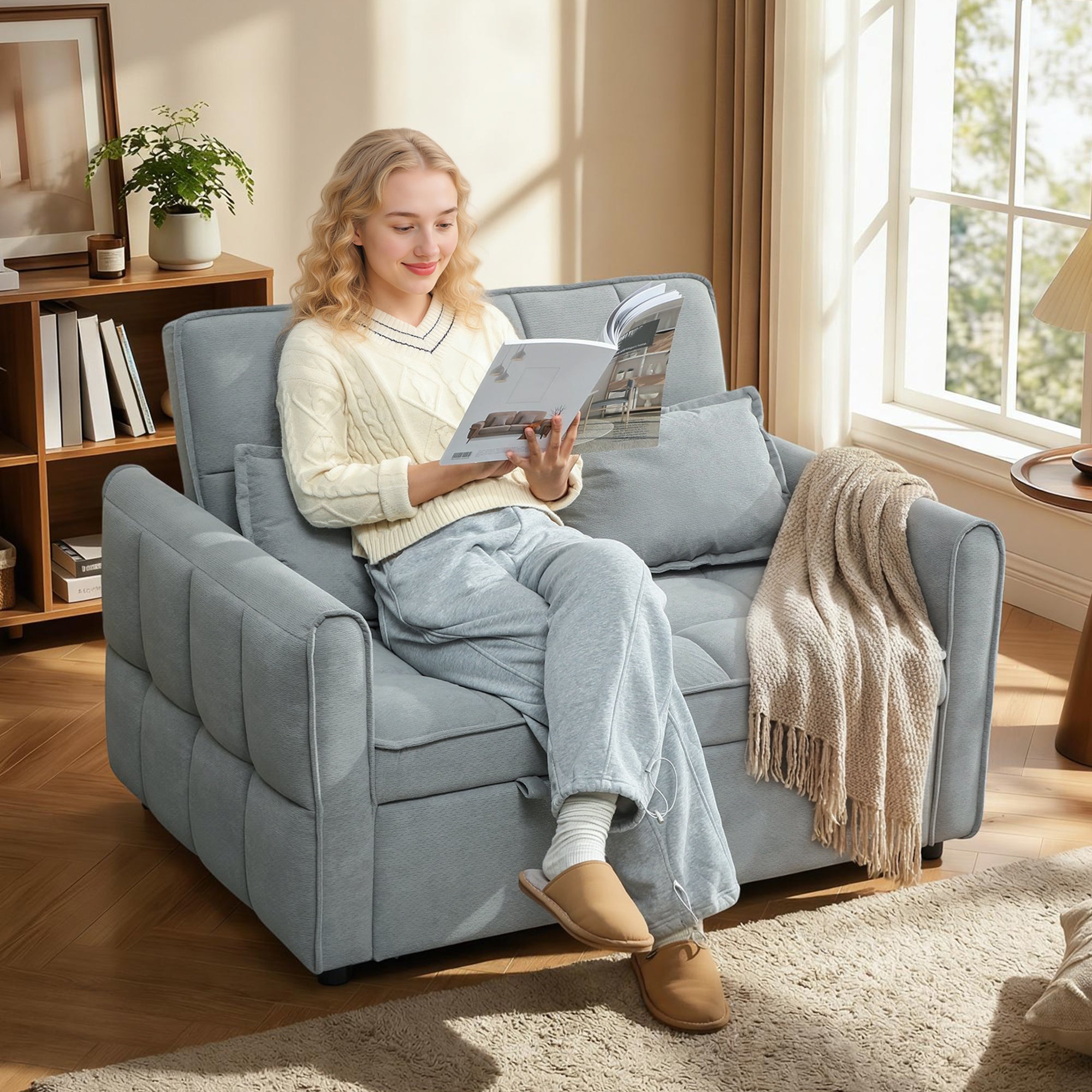 HOMCOM 2 Seater Sofa Bed, 3-in-1 Convertible Sleeper Sofa with Click-clack Adjustable Backrest and 2 Pillows, Grey 