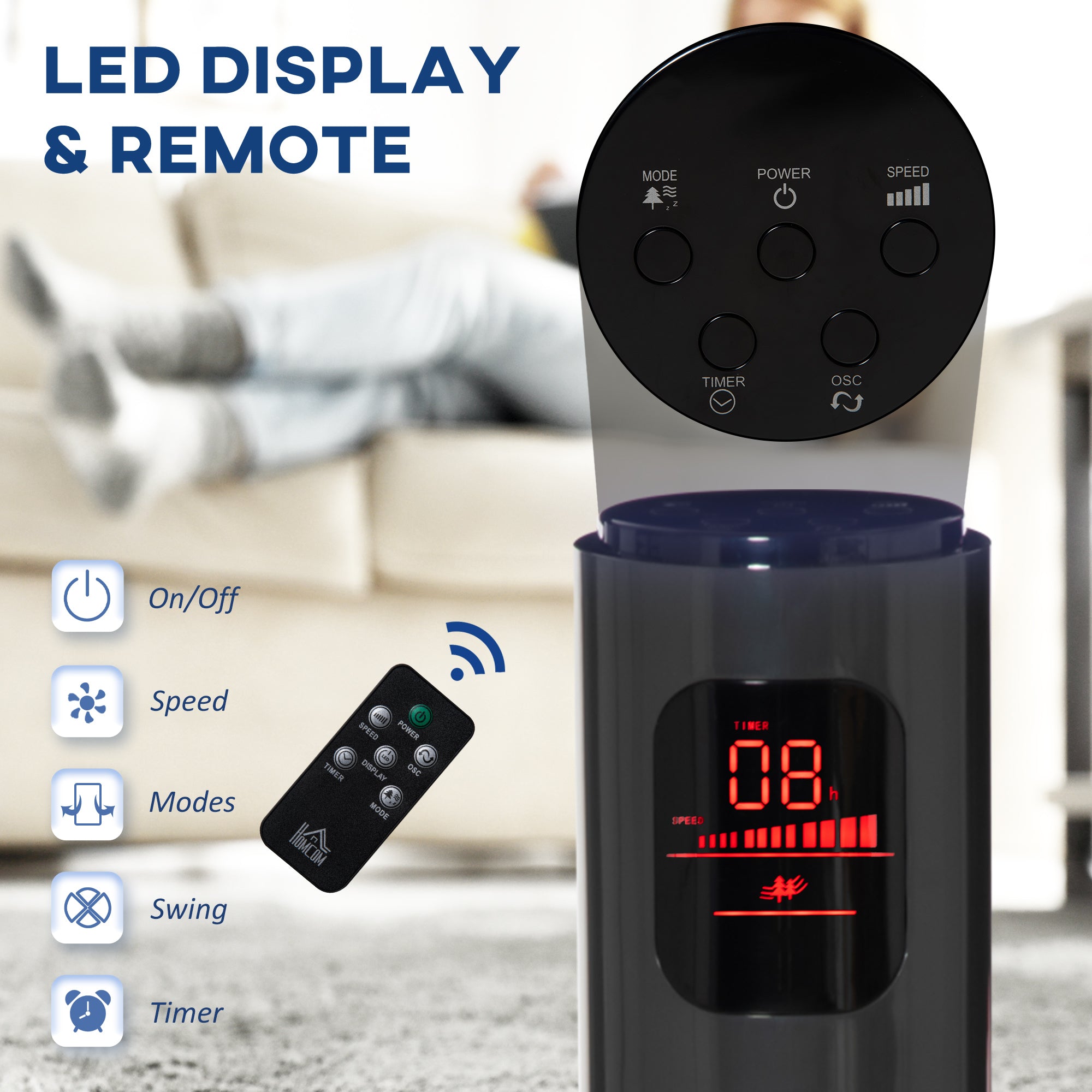 HOMCOM 38'' Freestanding Tower Fan, 3 Speed 3 Mode, 12h Timer, 70 Degree Oscillation, LED Panel, 5M Remote Controller, Dark Grey 