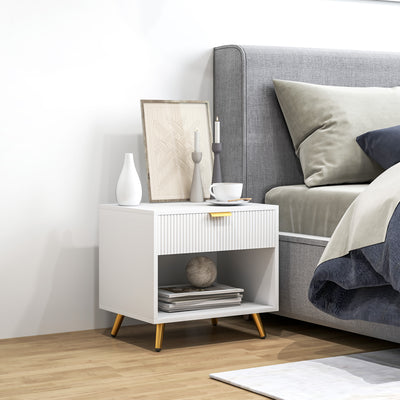 HOMCOM Elegant Bedside Table, with Drawer and Shelf - White/Gold Tone 