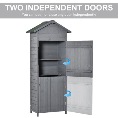 Outsunny Wooden Garden Storage Shed Utility Gardener Cabinet w/ 3 Shelves, Tilted-felt Roof and Two Lockable Doors, 79cm x 49cm x 191.5cm, Dark Grey 