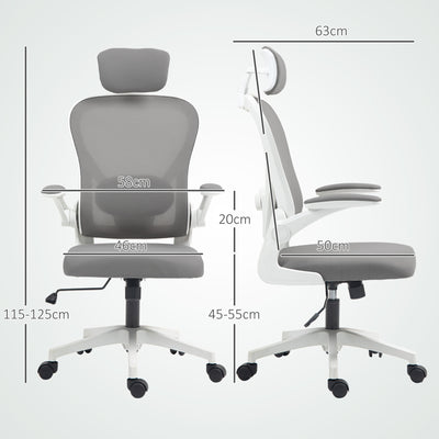 HOMCOM Executive Office Chair, Ergonomic Mesh High Back Desk Chair with Flip-up Armrest, Rotatable Headrest, Adjustable Lumbar Support, Swivel Computer Chair for Home Study, Grey 