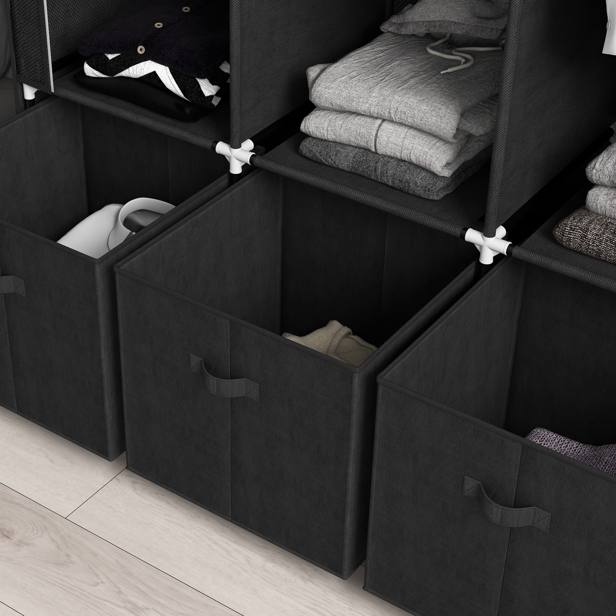 HOMCOM Foldable Fabric Wardrobe for Bedroom, Portable Wardrobe with 5 Shelves, 2 Hanging Rails and 3 Fabric Drawers, Black 