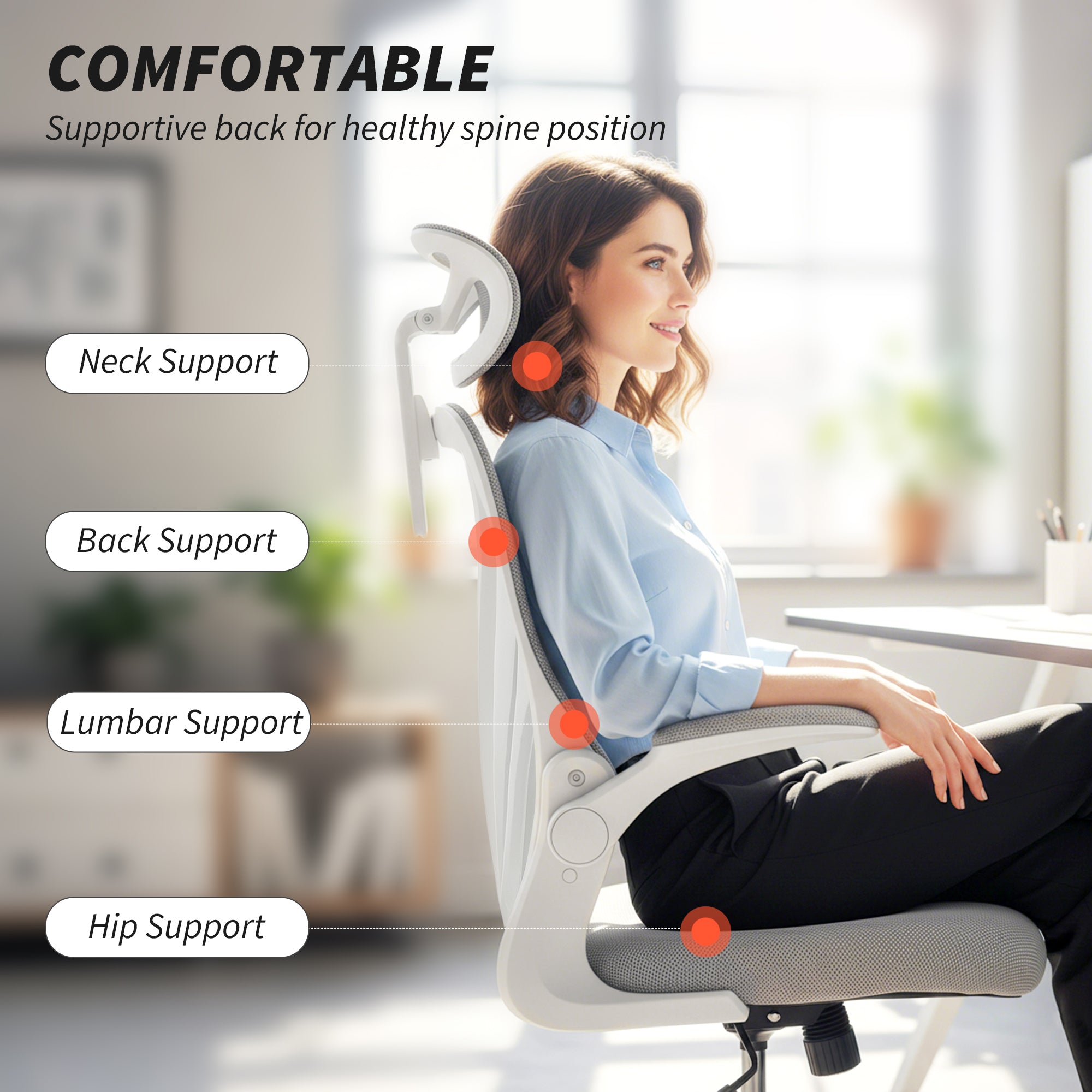 HOMCOM Ergonomic Office Chair with Foldable Backrest, 2D Headrest - Light Grey 