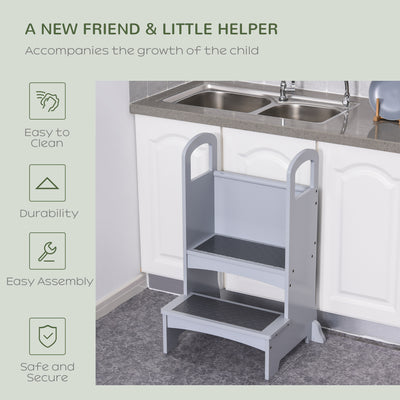 HOMCOM Kids Wooden Step Stool Kitchen Helper w/ Non-Slip Panels Handles Child Toddler Home Help 3 - 8 Yrs Grey 