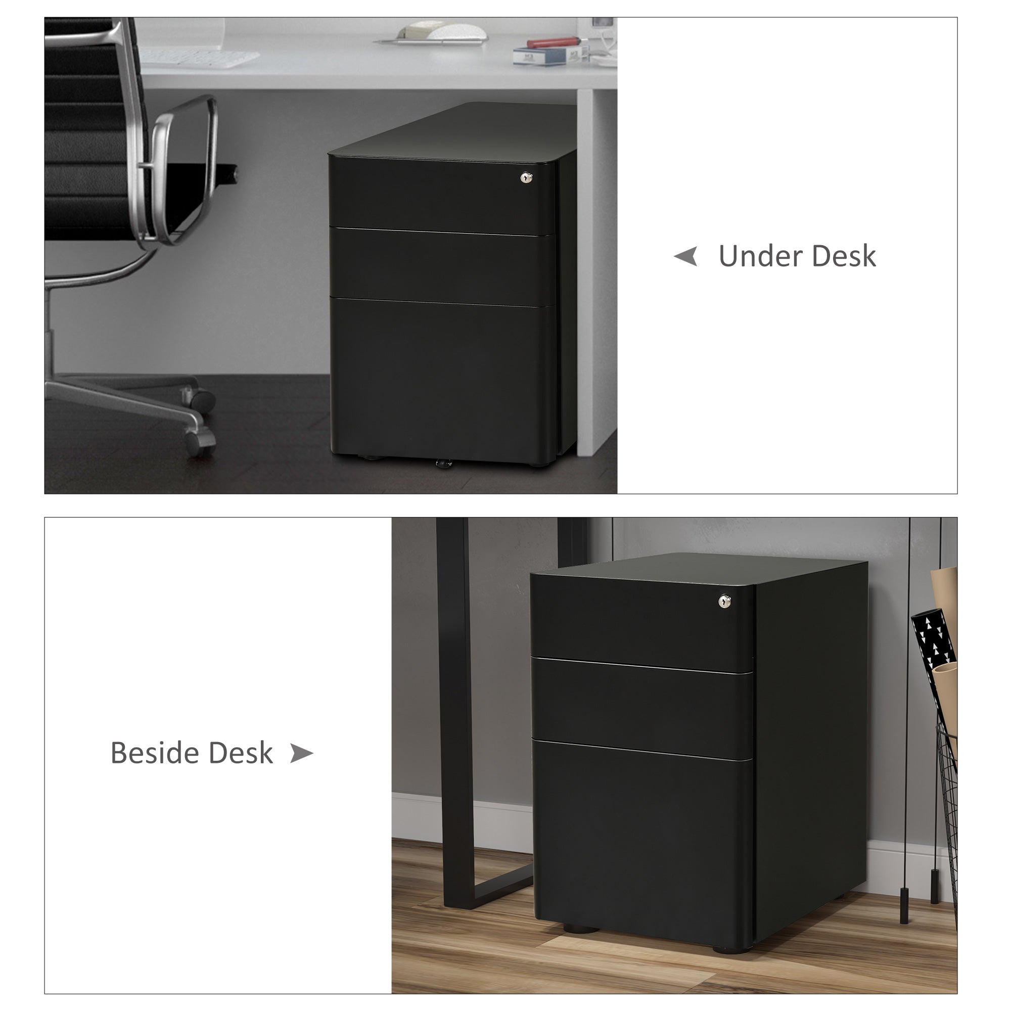 Vinsetto Lockable Cabinet, Rolling Filing Cabinet with 3 Drawers, Steel Office Drawer Unit for A4, Letter, Legal Sized Files 