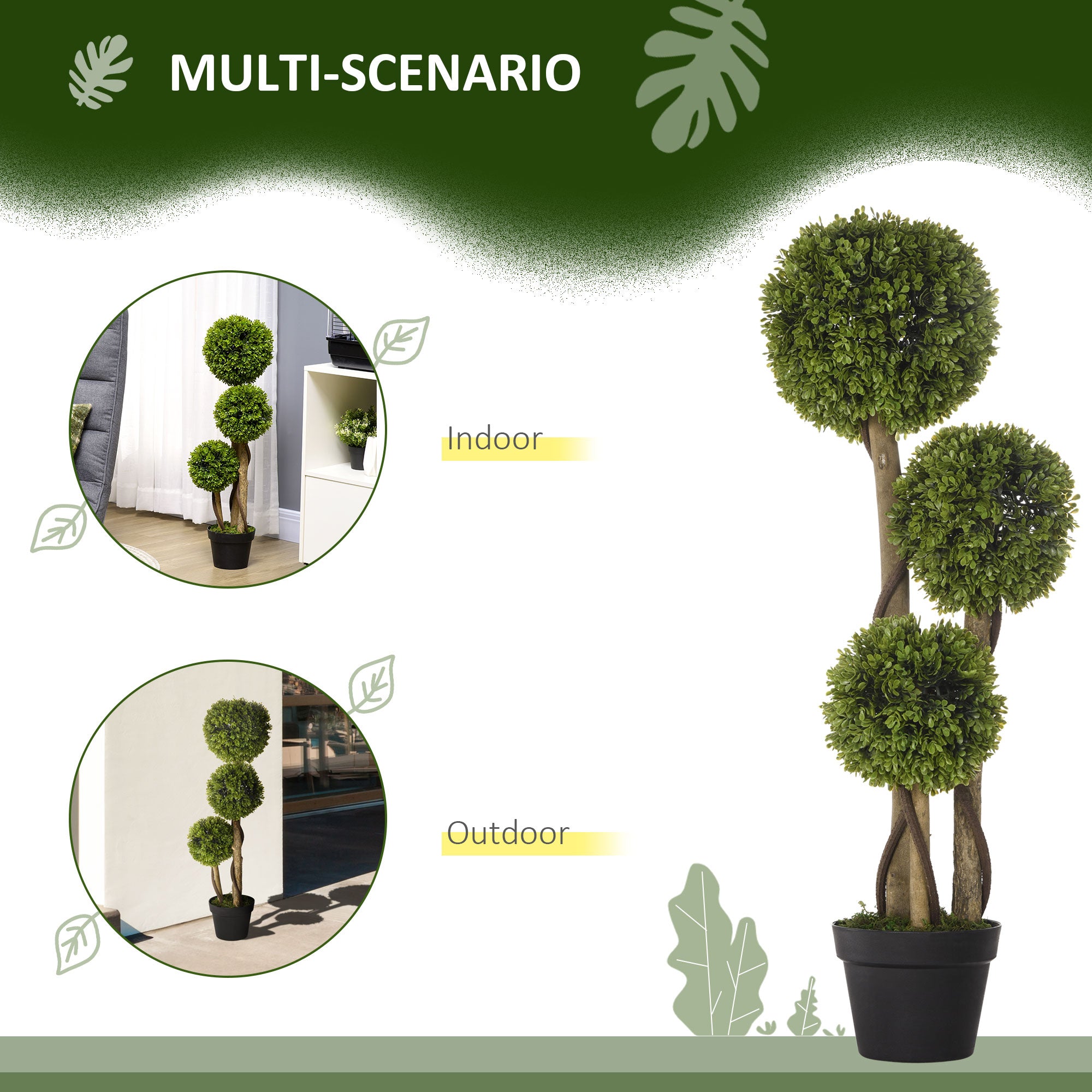 HOMCOM Decorative Artificial Plants Set of 2, Boxwood Ball Topiary Trees in Pot Fake Plants for Home Indoor Outdoor Decor, 90 cm, Dark Green 
