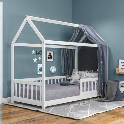 HOMCOM House-Shaped Kids Bed Frame with Safety Fence, Solid Pine Wood Single Bed Frame for Kids Boys and Girls 