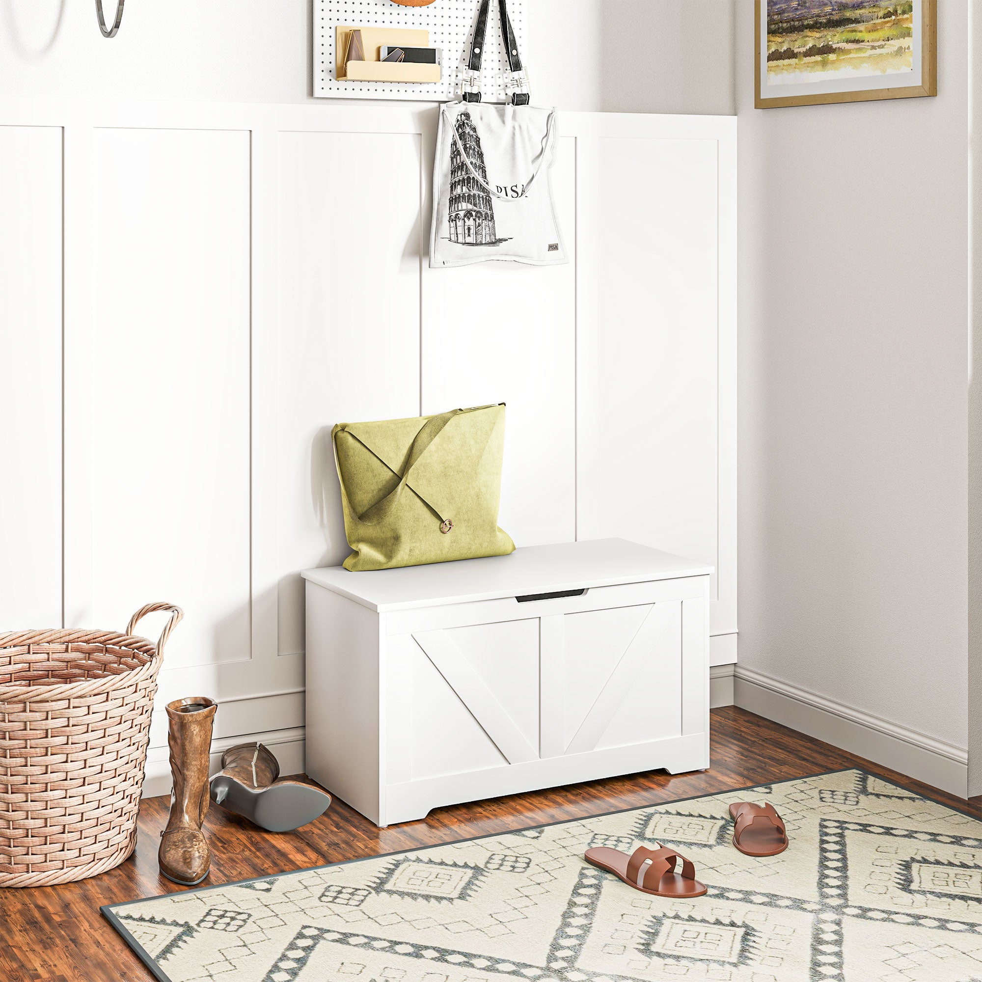 HOMCOM 100L Home Storage Box, with Safety Hinges - White Wood-Effect 