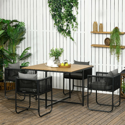 Outsunny 4 Seater Rattan Cube Garden Furniture Set, Rattan Dining Set with Cushions, Outdoor Dining Table and Chairs with Rectangular Wood Grain Plastic Top Table for Patio, Balcony, Black 