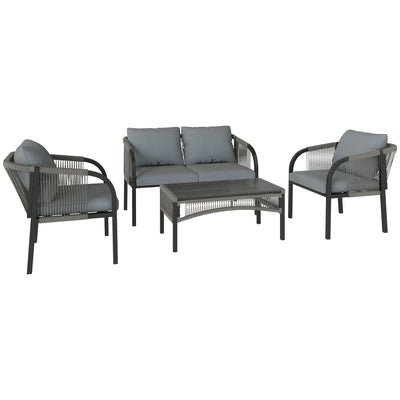 Outsunny 4 Piece Rattan Garden Furniture Set with Loveseat, Armchairs, Table, Steel Frame Wicker Patio Conversation Set, Grey 