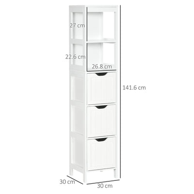 HOMCOM Narrow Floor Cabinet, Bathroom Cabinet with 3 Drawers and 2 Open Shelves, 30W x 30D x 141.6Hcm, White