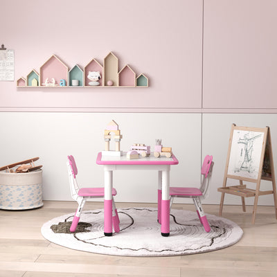 AIYAPLAY Height Adjustable Toddler Table and Chair Set, 3 Pcs Children Activity Table w/ 2 Chairs, for Playroom, Bedroom - Pink 