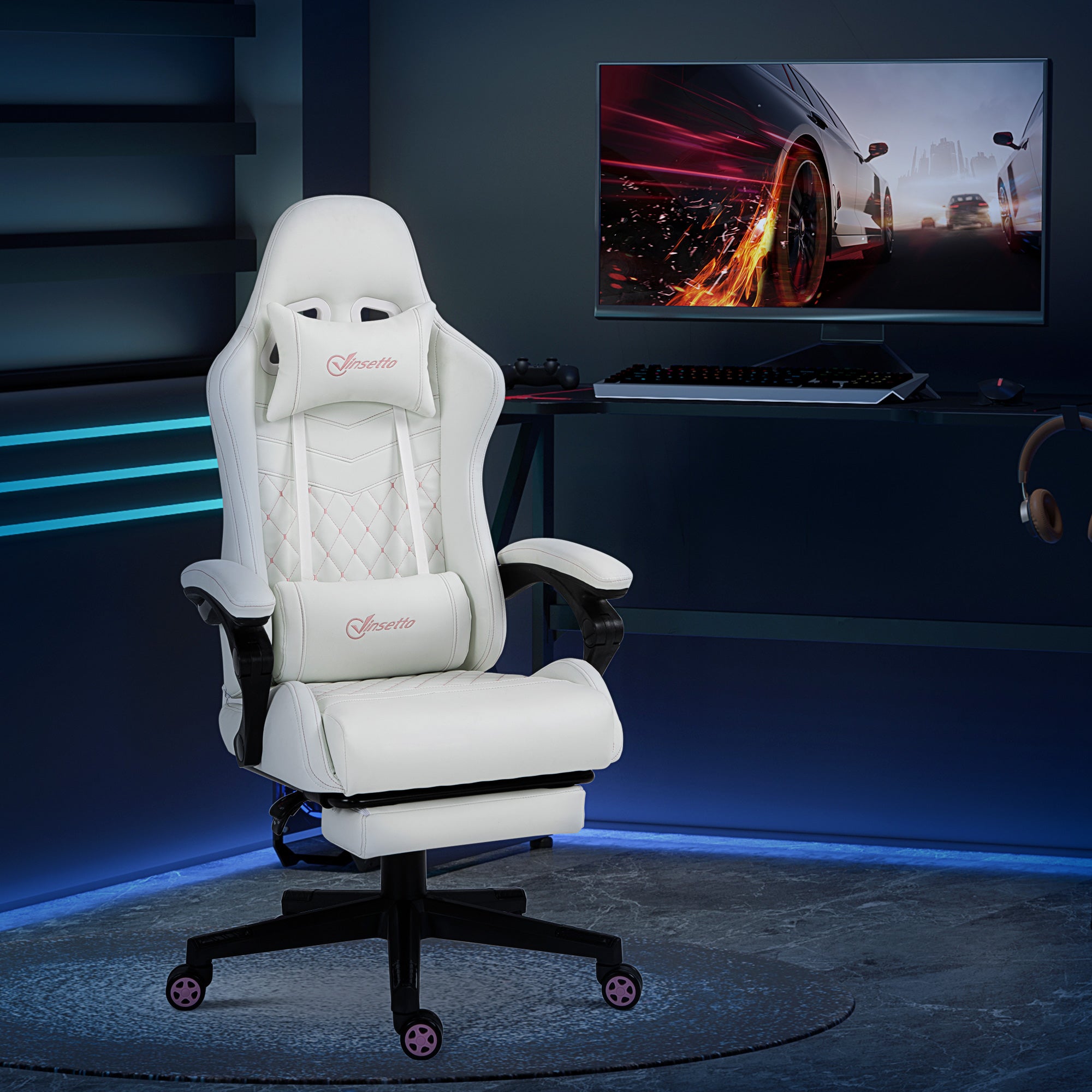 Vinsetto Computer Gaming Chair with Footrest, Video Gaming Chair for Adults with 130\'c2\'b0 Reclining Back, Desk Chair with Lumbar Support and Adjustable Height, White