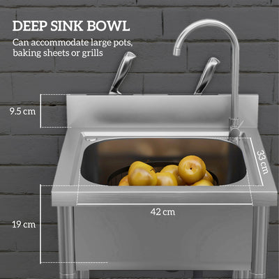 HOMCOM Outdoor Utility Sink, Stainless Steel Free Standing Single Bowl Kitchen Sink with Cold and Hot Water Pipe and Storage Shelf for Laundry Garage, 55 x 50 x 100 cm 