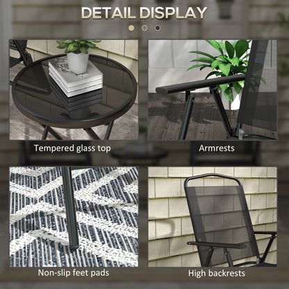 Outsunny Three-Piece Garden Seat Set, with Glass-Top Table - Black 