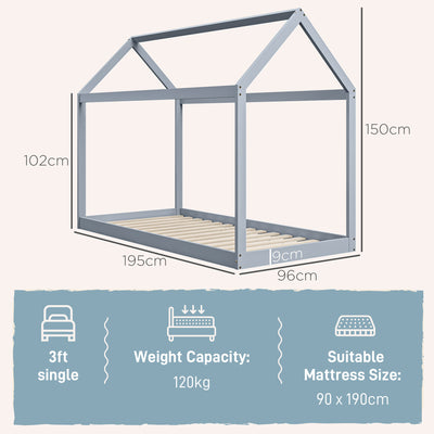 HOMCOM Single Bed Frame, House Scandinavian Style Wooden Bed Frame for 90W x 190Dcm Mattress, Pine Wood Bed Base, Grey 