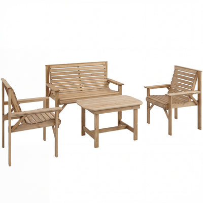 Outsunny 4 Piece Wooden Garden Furniture Set, Outdoor Garden Sofa Set with 2 Armchairs, Loveseat and Coffee Table, Natural Wood 