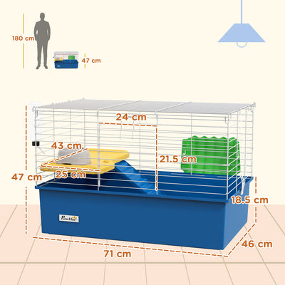 PawHut Chinchillas Small Rabbit Guinea Pig Small Animal Cage, Pet Playhouse, with Platform, Ramp, 71 x 46 x 47cm, Blue 