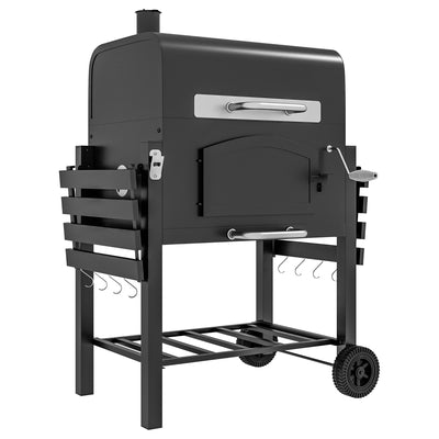 Outsunny Charcoal Barbecue Grill Trolley Garden Smoker with Shelves, Adjustable Height, Thermometer on Lid, Opener and Wheels 