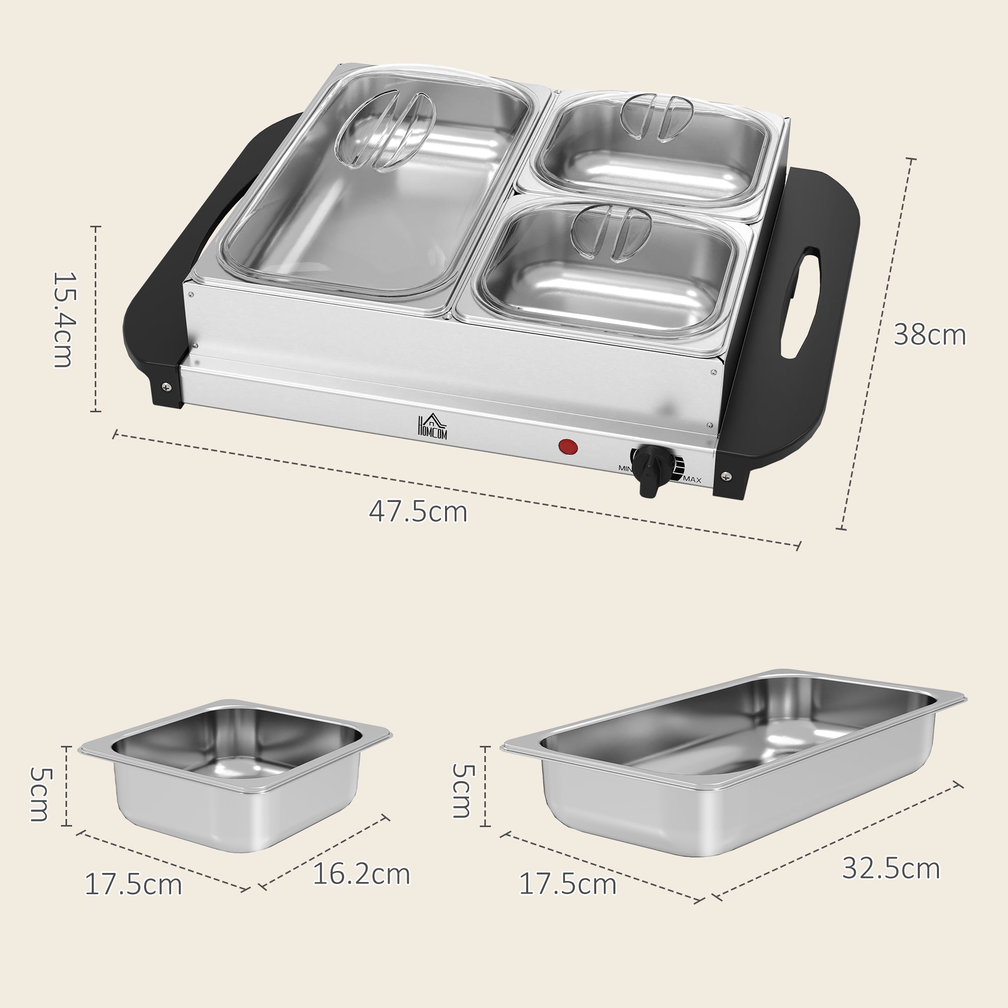 HOMCOM 4.5L Stainless Steel Electric Buffet Server, with 3x Trays and Lids 