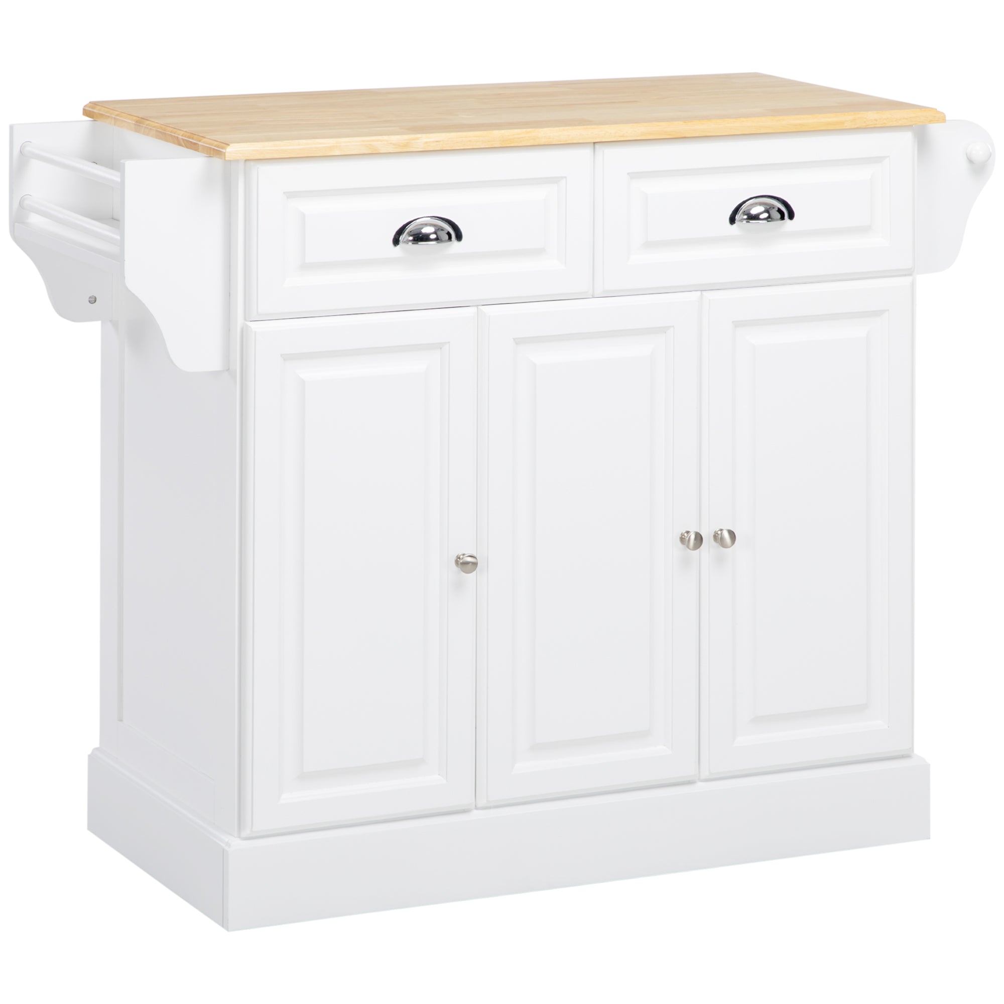 HOMCOM Kitchen Island with Storage Rolling Kitchen Serving Cart with Rubber Wood Top Towel Rack Storage Drawer Cabinet White 