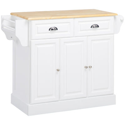 HOMCOM Kitchen Island with Storage Rolling Kitchen Serving Cart with Rubber Wood Top Towel Rack Storage Drawer Cabinet White 