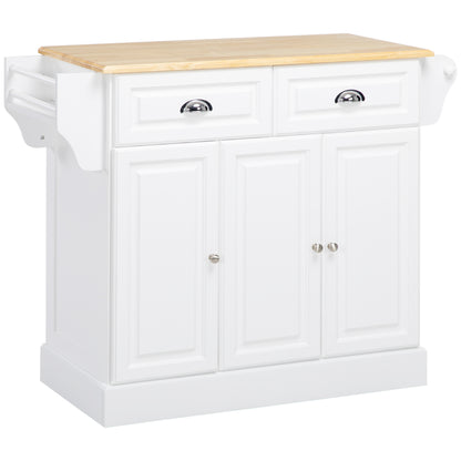 HOMCOM Kitchen Island with Storage Rolling Kitchen Serving Cart with Rubber Wood Top Towel Rack Storage Drawer Cabinet White 