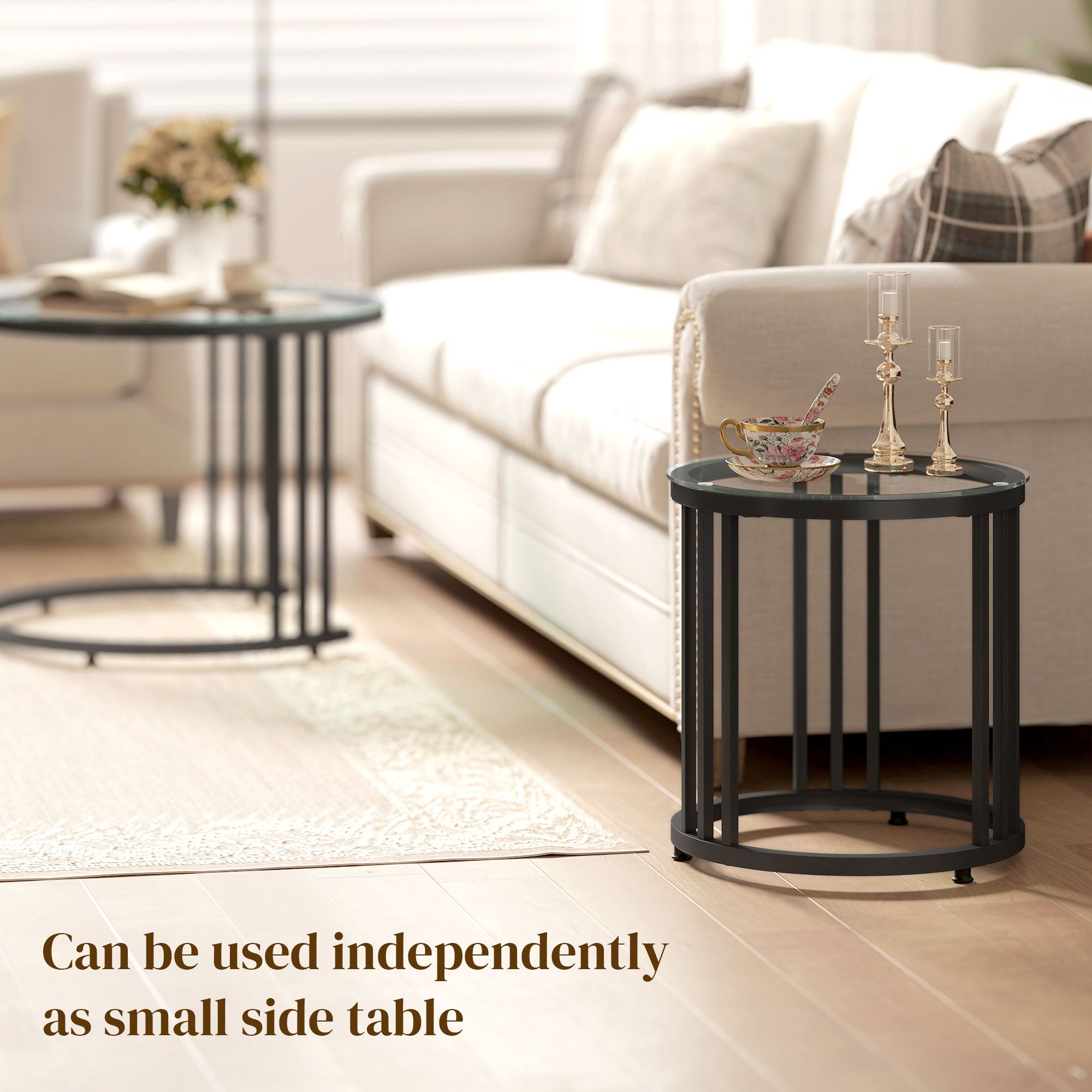 HOMCOM Round Coffee Tables Set of 2, Nesting Tables with Tempered Glass Top and Steel Frame, Black 