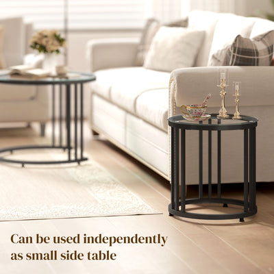 HOMCOM Round Coffee Tables Set of 2, Nesting Tables with Tempered Glass Top and Steel Frame, Black 