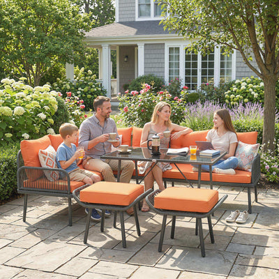 Outsunny 6 Piece Rattan Garden Furniture Set, 8 Seater Garden Corner Sofa with Cushions and Glass Top Table, Orange 