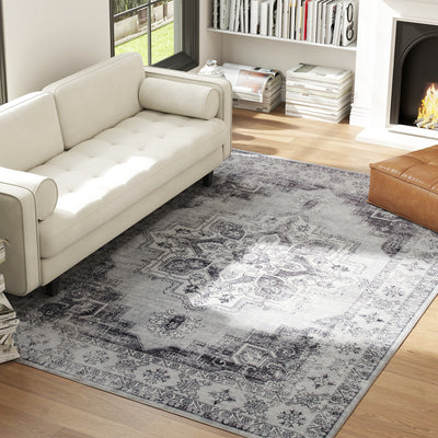 HOMCOM Vintage Area Rug, Non-Slip Washable Rug, Flannel Floor Carpet for Living Room, Bedroom, Dining Room, Home Office, 290 x 200 cm, Grey 